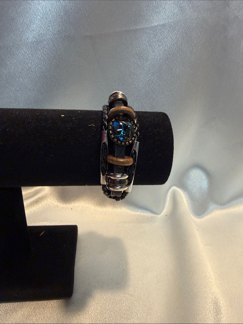 Women’s Black Braided Bracelet with Blue Glass Accent  I Y K FUNG Brand
